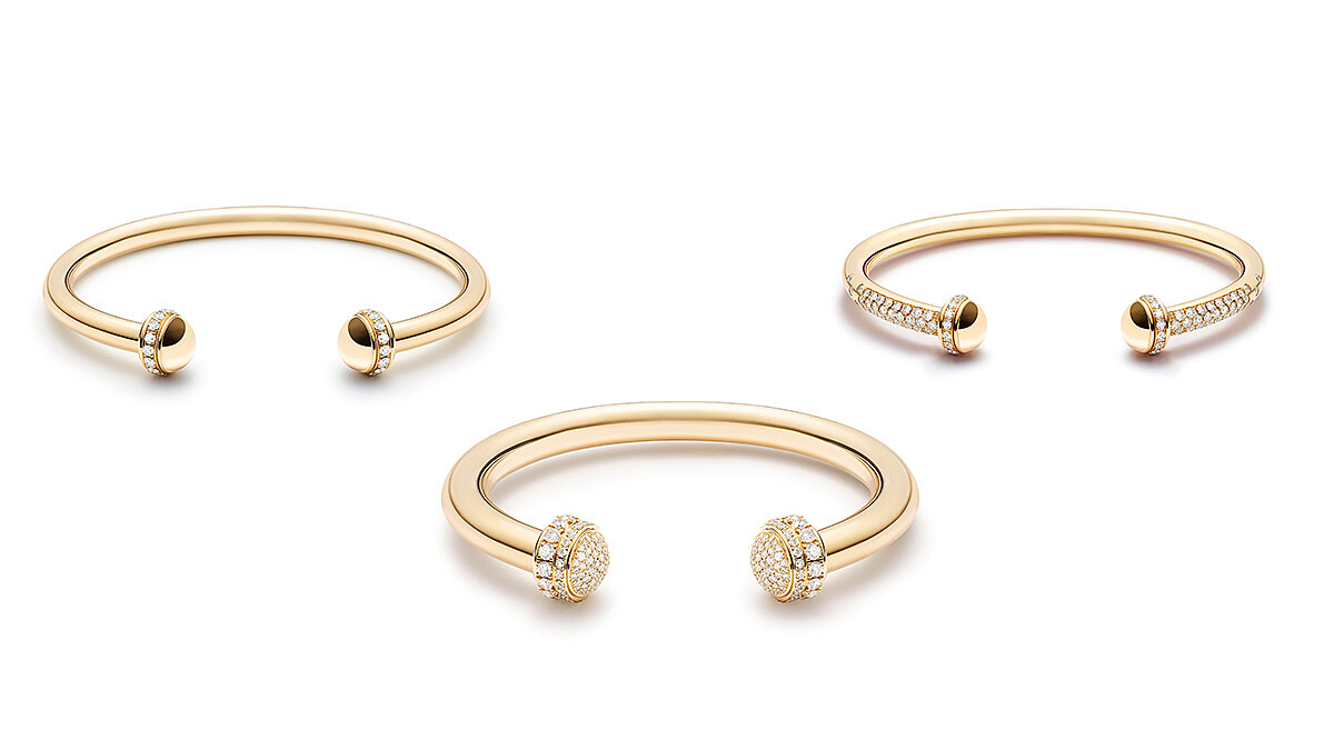 PIAGET Possession系列30週年限定作品：18K黃金鑽石手鐲(30顆圓形明亮式切割美鑽)、18K黃金鑽石手鐲(182顆圓形明亮式切割美鑽)、18K黃金鑽石手鐲(90顆圓形明亮式切割美鑽)。
