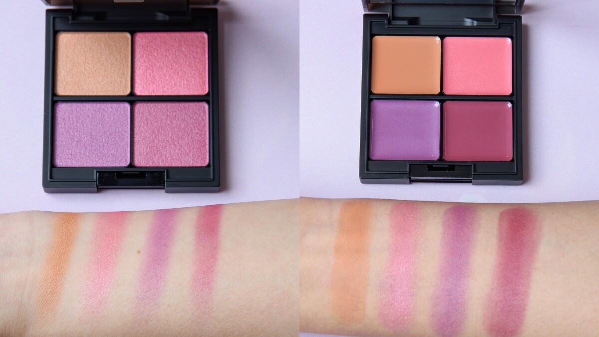 (左)玩色絲緞光耶誕限定盤#EX01、(右)玩色彩妝霜耶誕限定盤#EX01手部試色