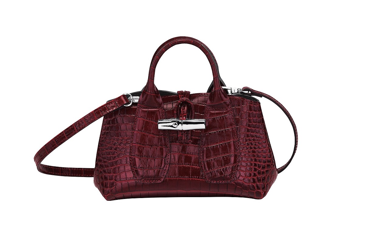 Roseau系列鱷魚壓紋迷你手提包(勃根地紅)，建議售價NT17,400