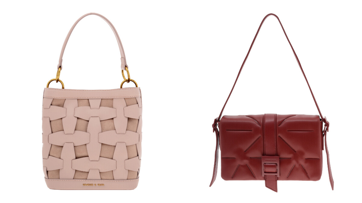 編織手提水桶包，NT2,590、酒紅壓紋肩背包，NT1,790