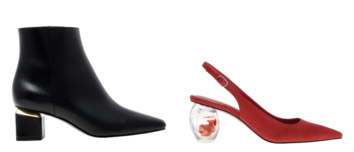 素面粗跟踝靴，NT2,590、尖頭水晶球跟鞋，NT1,990