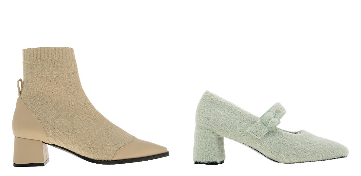 針織粗跟襪靴，NT2,390、絨毛瑪莉珍鞋，NT1,690