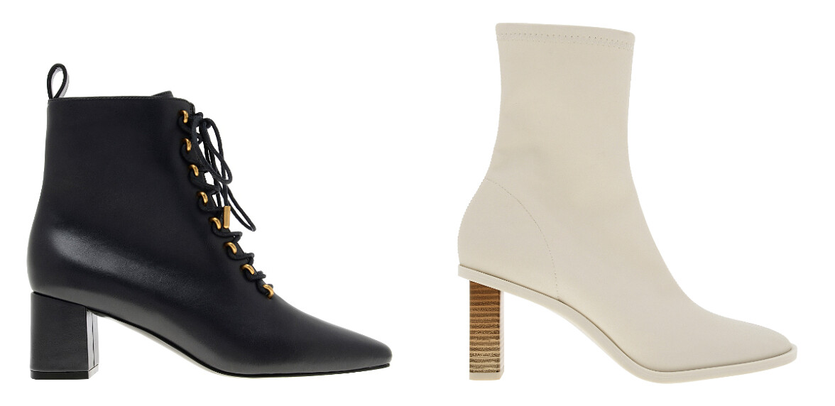 金屬綁帶中跟靴，NT2,490、方形粗跟短靴，NT2,490