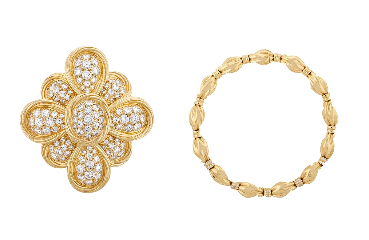 Morgins胸針及吊墜，1972年，黃K金、白K金 、玫瑰金、鑽石；M&eacute;dicis項鍊，1985年，黃K金、鑽石。