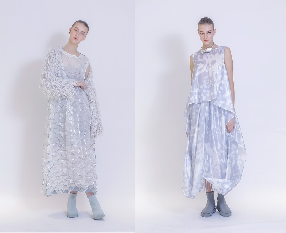 左：獸羽毛海開襟衫，NT40,800、邊染菱褶無袖洋裝，NT43,300、擬聲短靴NT15,300；右：冰雪樺木項鍊，NT30,300、銀蝶薄霧洋裝，NT81,800。