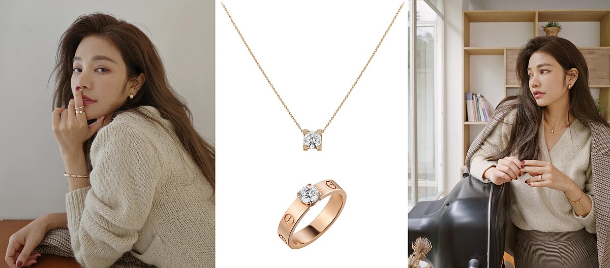 許路兒配戴卡地亞LOVE單鑽玫瑰金戒指及C DE CARTIER鑽石項鍊