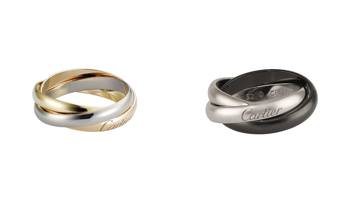 卡地亞Trinity三環戒指，玫瑰K金、黃K金、白K金，(窄版)、卡地亞Trinity三環陶瓷戒指，白K金、陶瓷(窄版)。
