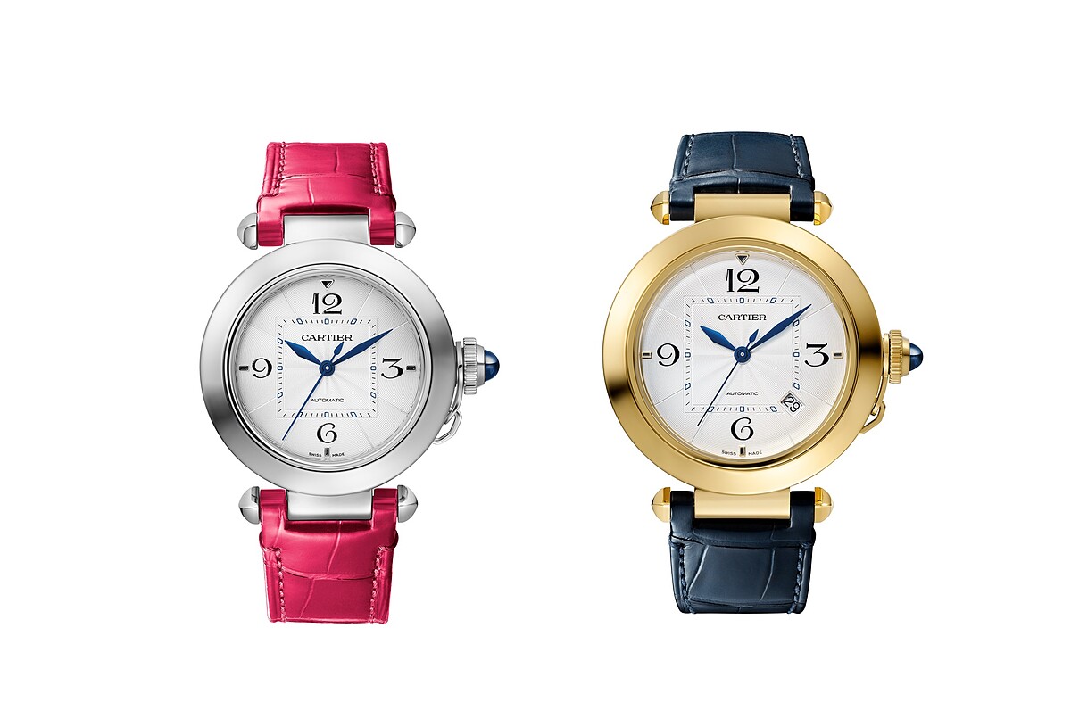 Pasha de Cartier系列精鋼腕錶、Pasha de Cartier系列黃K金腕錶，錶冠下可鐫刻個人化字母