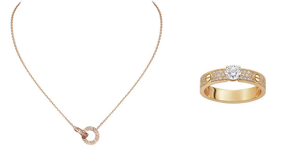 卡地亞LOVE玫瑰金鋪鑲項鍊、卡地亞LOVE鋪鑲單鑽戒指(年度新品)