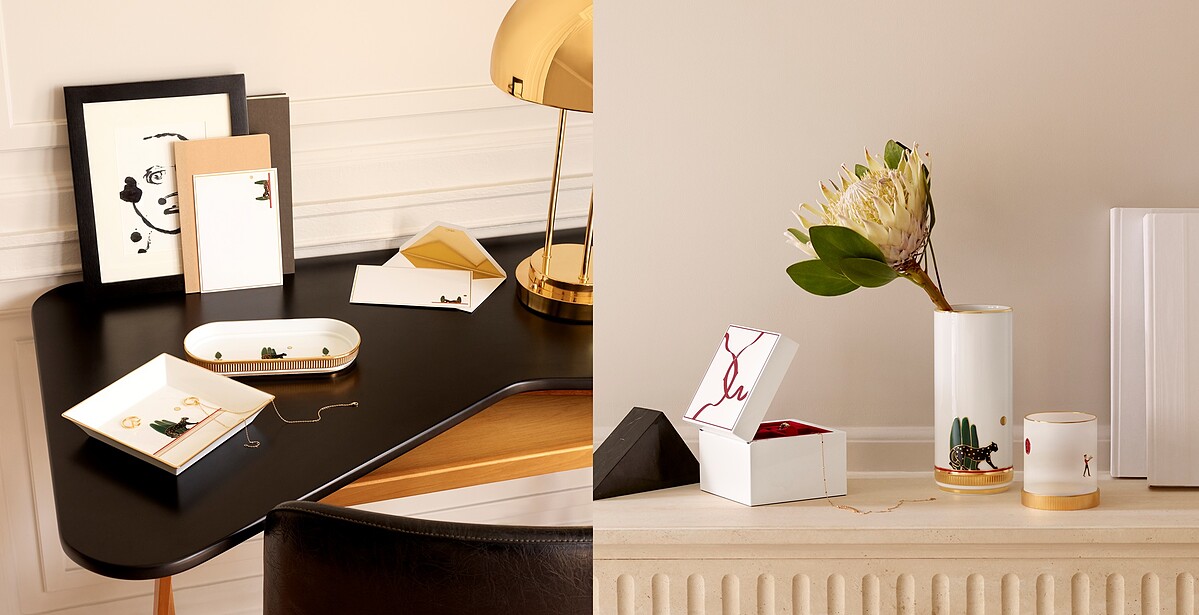 左：Panth&egrave;re de Cartier信封&信紙組、Panth&egrave;re de Cartier美洲豹托盤(小型款)、Panth&egrave;re de Cartier美洲豹托盤；右：Entrelac&eacute;s de Cartier 珠寶盒(中型款)、Panth&egrave;re de Cartier美洲豹中型花瓶、Panth&egrave;re de Cartier筆筒