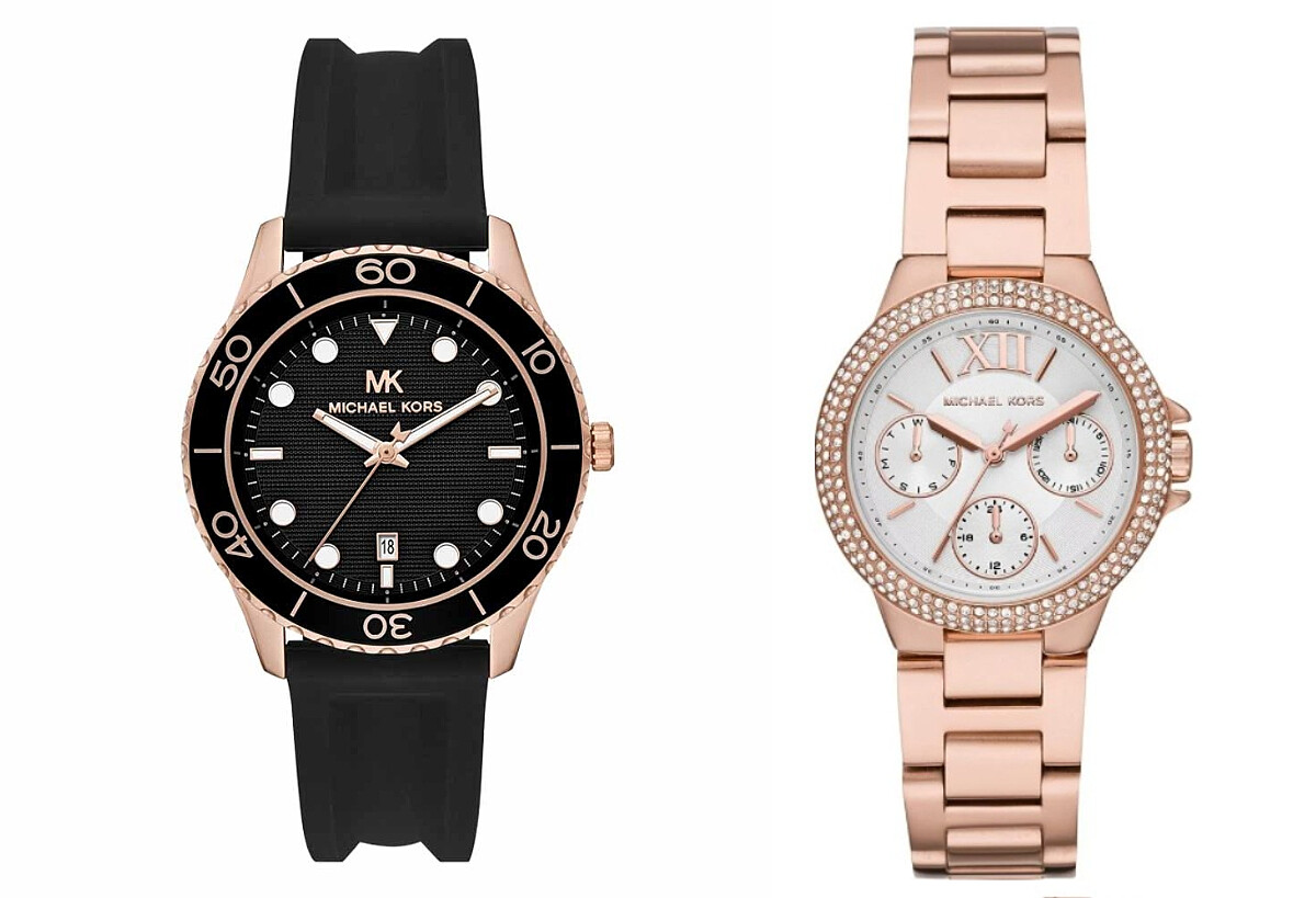 Michael Kors紐約甜心撞色矽膠玫瑰金腕錶，NT$8,280、Michael Kors CAMILLE輕奢三眼晶鑽手錶玫瑰金腕錶，NT$10,580。