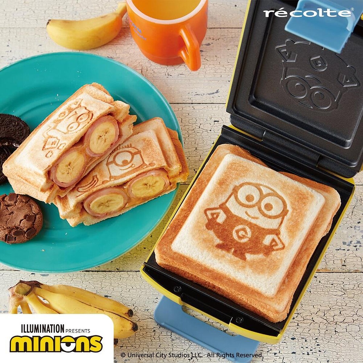 日本質感家電品牌recolte小小兵造型鬆餅機、熱壓吐司機，定價1180、1680元。