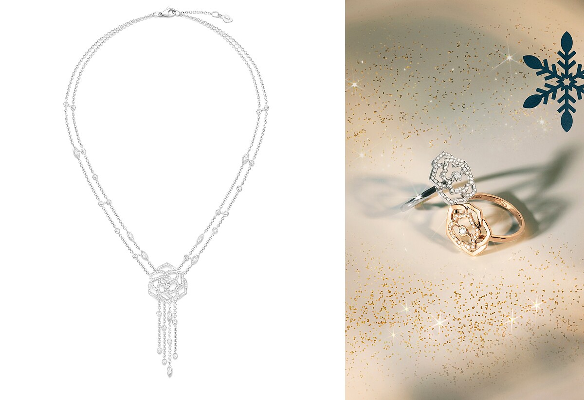 PIAGET Rose系列18K白金鏤空玫瑰鑽石墜鍊、PIAGET Rose系列18K白金、玫瑰金鏤空玫瑰鑽石戒指