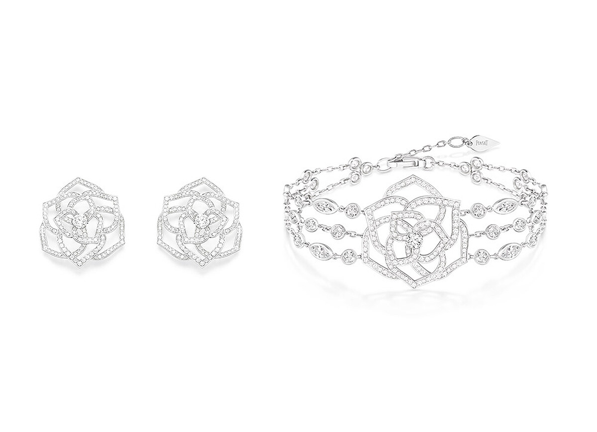 PIAGET Rose系列18K白金鏤空玫瑰鑽石手鍊、PIAGET Rose系列18K白金鏤空玫瑰鑽石耳環