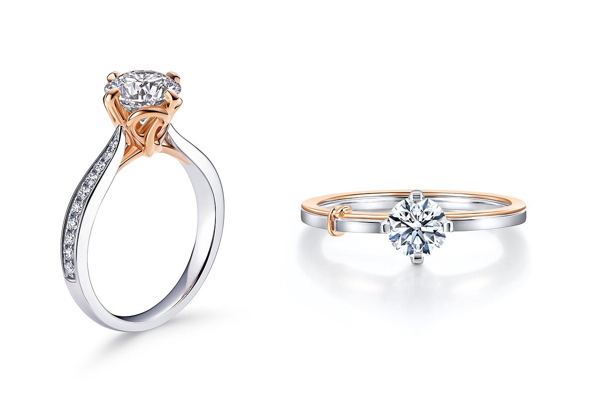 圖左：PROMESSA「同心結」18K白金玫瑰金雙色石襯鑽石戒指，圖右：PROMESSA 「同心結」18K白金玫瑰金雙色鑽石戒指