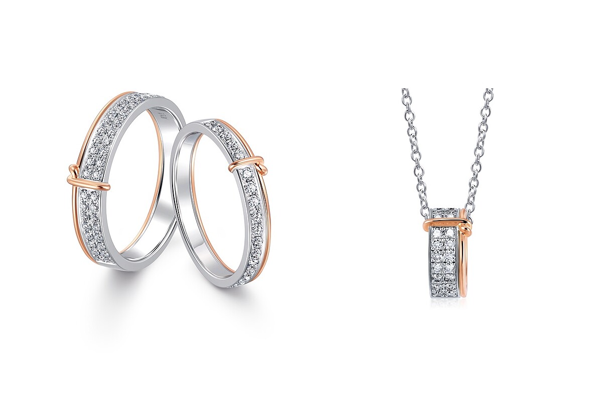 圖左：PROMESSA 「同心結」18K白金玫瑰金雙色鑽石對戒，圖右：PROMESSA「同心結」 18K白金玫瑰金雙色鑽石項鍊