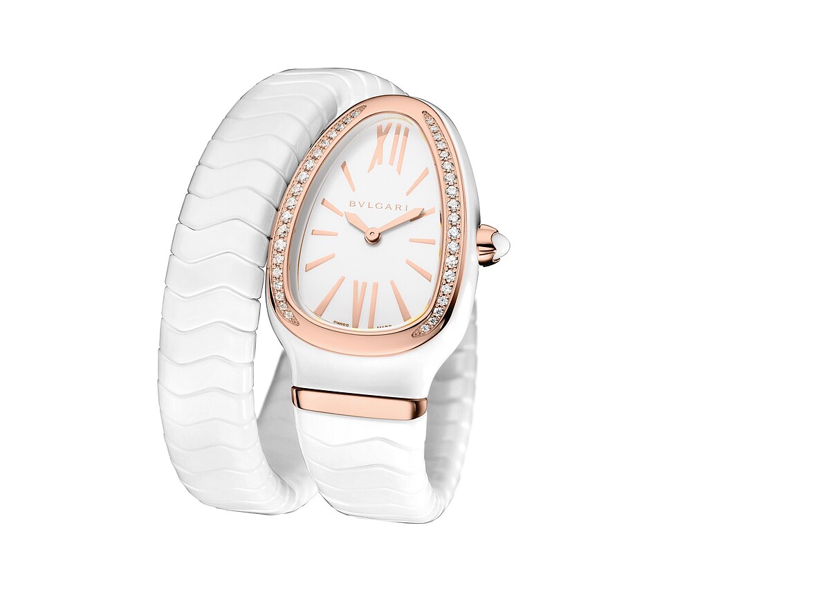 Bulgari 寶格麗Serpenti Spiga系列白陶瓷雙圈手錶，售價NT334,100