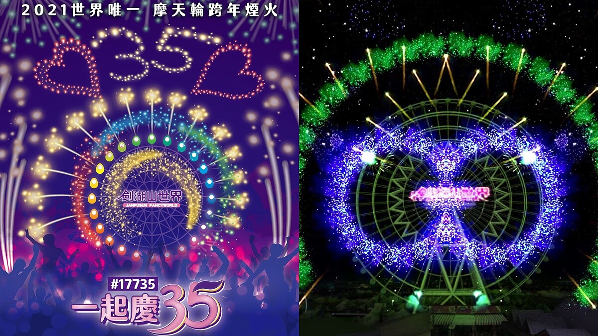 2021劍湖山跨年煙火主打「世界唯一」！摩天輪主體施放935秒連發煙火、三圓變色設計，視覺超震撼