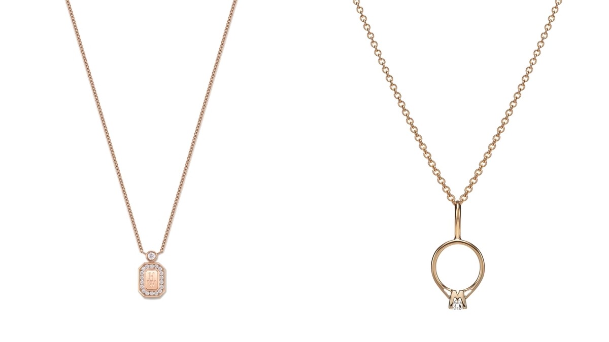 (左)海瑞溫斯頓HW Logo系列18K玫瑰金鑽石鍊墜，(右)海瑞溫斯頓Charms系列HW黃金鑽石婚戒鍊墜