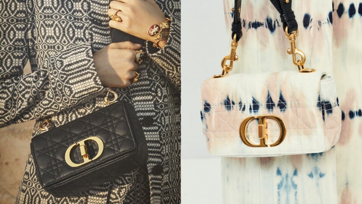 Dior Caro鏈帶翻蓋包，大型NT140,000、小型NT115,000(左) / 紮染丹寧，NT115,000(右)