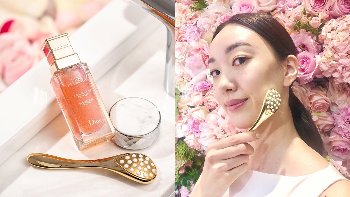 Dior玫瑰微導精露推大容量！搭金色花瓣微導珍珠按摩壓勺，搭配按摩手法保養效果更加倍！
