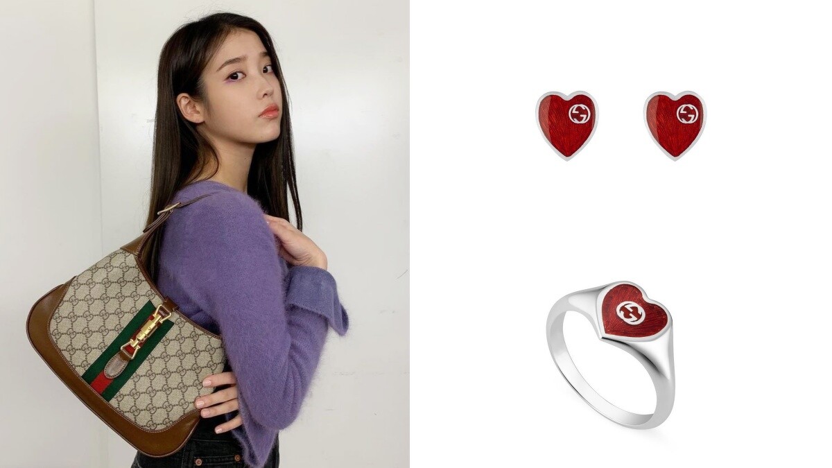 Gucci Jackie 1961賈姬包、紅色琺瑯心形耳環，NT7,600、紅色琺瑯心形戒指，NT8,900