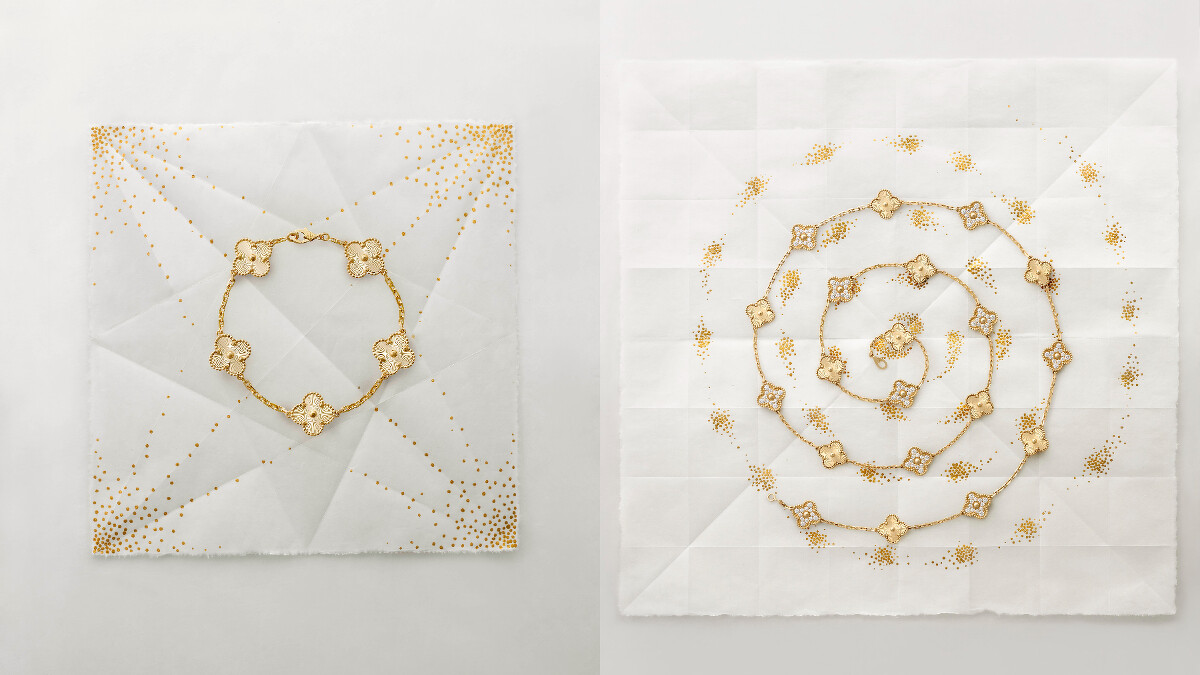 Vintage Alhambra手鍊，5枚四葉幸運圖騰，璣鏤雕花黃K金，建議售價約新台幣$155,000元；Vintage Alhambra長項鍊，20枚四葉幸運圖騰，璣鏤雕花黃K金、鑽石，建議售價約新台幣$1,850,000元。