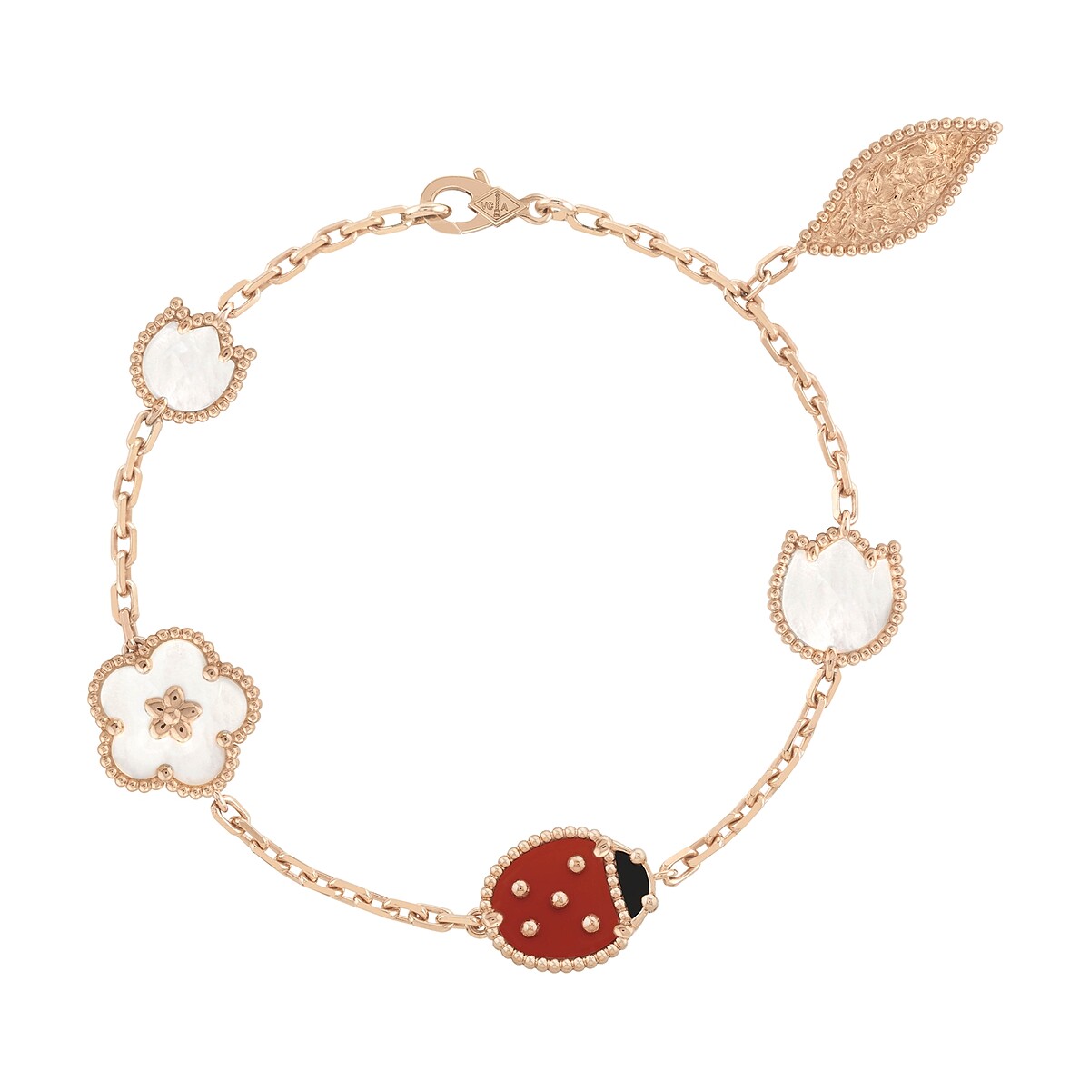 Van Cleef & Arpels (VCA) 梵克雅寶 Lucky Spring手鍊，五枚綴飾，玫瑰金，白色珍珠母貝，紅玉髓，縞瑪瑙，建議售價約148,000元