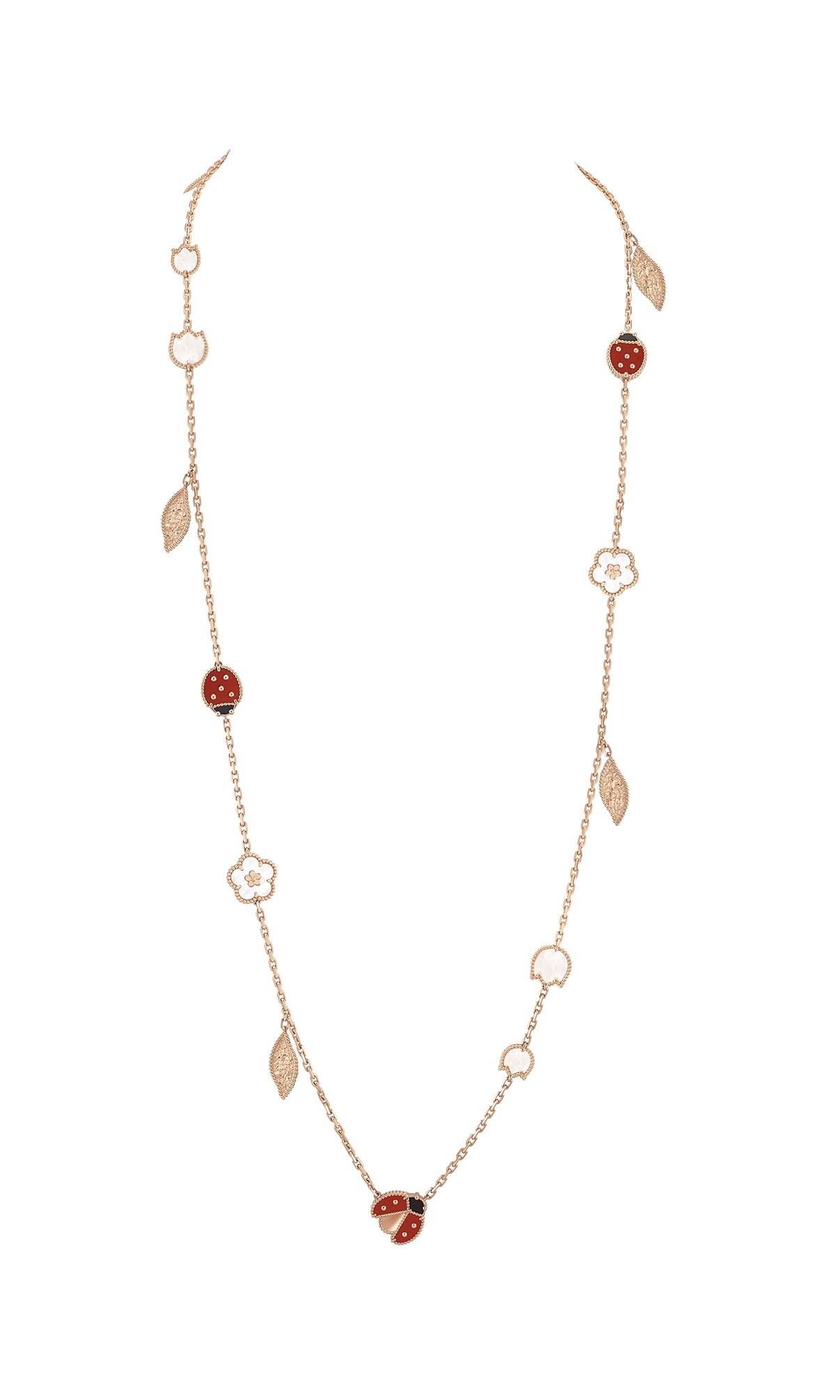 Van Cleef & Arpels (VCA) 梵克雅寶 Lucky Spring長項鍊，15枚綴飾，玫瑰金，白色珍珠母貝，紅玉髓，縞瑪瑙，建議售價約505,000元