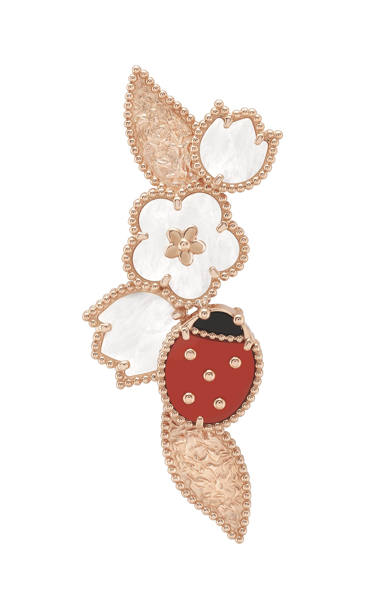 Van Cleef & Arpels (VCA) 梵克雅寶 Lucky Spring胸針，玫瑰金，白色珍珠母貝，紅玉髓，縞瑪瑙，建議售價約213,000元