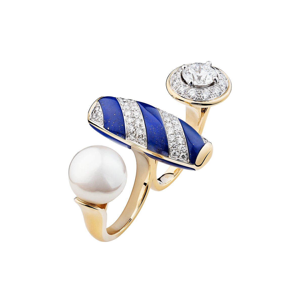 指間戒作品以不對稱設計，結合條紋圖騰，為活潑的夏日氛圍增添玩味。 VOLUTE V&Eacute;NITIENNE戒指 18K黃金及白金，鑲嵌1顆重約1.50克拉明亮式切割鑽石、青金石、養珠及鑽石。 建議售價NTD 3,542,000元