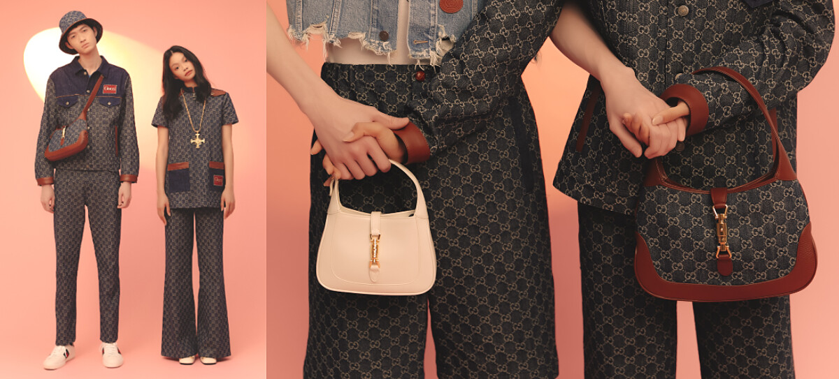 雙G 圖騰帆布漁夫帽、雙G 圖騰鐵灰藍環保水洗丹寧外套、雙G 圖騰鐵灰藍環保水洗丹寧褲、鐵灰藍環保水洗丹寧上衣、Ace系列運動鞋、Jackie 1961深藍手提包；雙G 圖騰鐵灰藍環保水洗丹寧上衣、十字形古典裝飾項鍊、鐵灰藍環保水洗丹寧喇叭褲、Jackie 1961白色迷你手提包、Horsebit中低跟繫帶涼鞋。