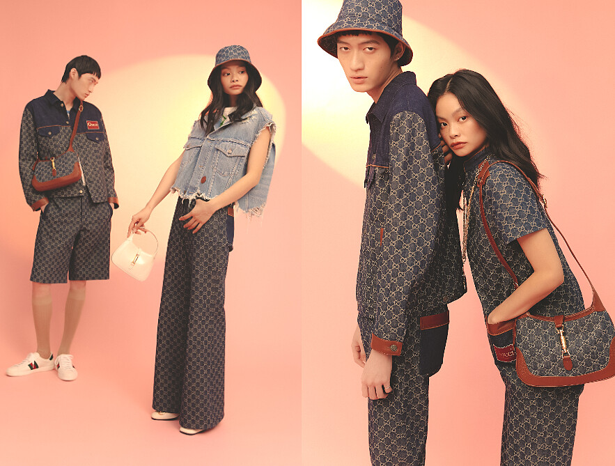 雙G 圖騰鐵灰藍環保水洗丹寧外套、雙G 圖騰鐵灰藍環保水洗丹寧短褲、Jackie 1961深藍手提包、 Ace系列運動鞋、雙G 圖騰帆布漁夫帽、不收邊丹寧背心、雙G 圖騰鐵灰藍環保水洗丹寧褲、Jackie 1961白色迷你手提包、Horsebit中低跟繫帶涼鞋。