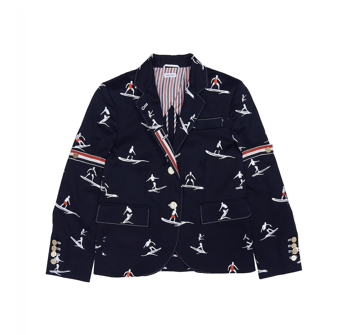Thom Browne Resort 21 Women 深藍色衝浪者刺繡圖案金釦無結構西裝外套，售價NT$88,700