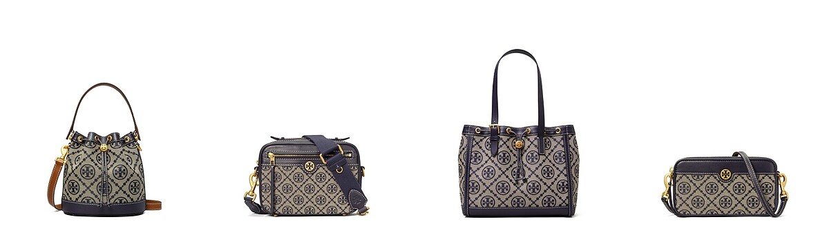 Tory Burch T-Monogram海軍藍 水桶包，售價NT$19,900／相機包，售價NT$16,900／小型托特包，售價NT$18,900／長形信封肩揹包，售價NT$13,900