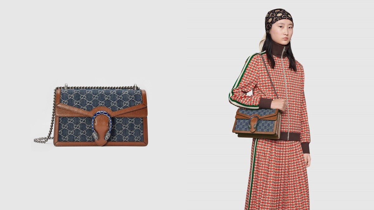 Gucci Dionysus緹花虎頭扣帆布肩背包，約NT68,500