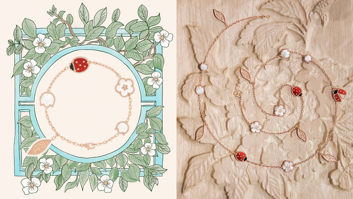 Lucky Spring手鍊，5枚圖騰(玫瑰金、白色珍珠母貝、紅玉髓、縞瑪瑙) ，建議售價約148,000元、Lucky Spring長項鍊，15枚圖騰(玫瑰金、白色珍珠母貝、紅玉髓、縞瑪瑙) ，建議售價約505,000元