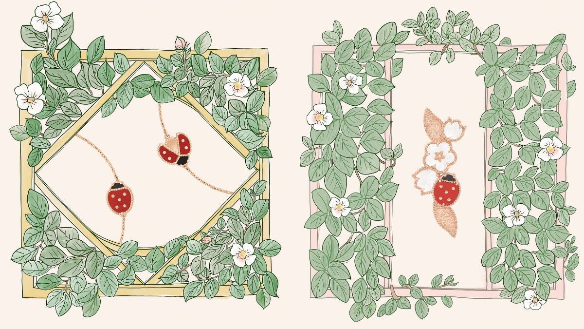 Lucky Spring手鍊，合翅瓢蟲(玫瑰金、紅玉髓、縞瑪瑙) ，建議售價約78,000元、Lucky Spring手鍊，展翅瓢蟲(玫瑰金、紅玉髓、縞瑪瑙) ，建議售價約85,500元、Lucky Spring胸針(玫瑰金、白色珍珠母貝、紅玉髓、縞瑪瑙) ，建議售價約213,000元