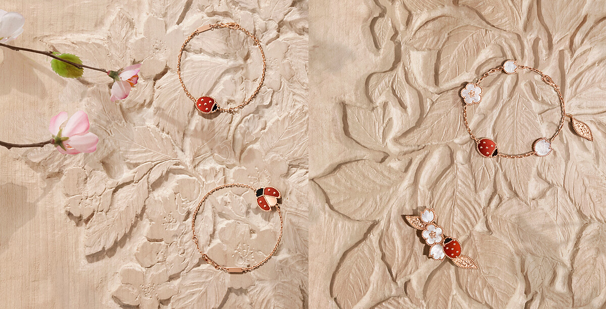 Lucky Spring手鍊，合翅瓢蟲(玫瑰金、紅玉髓、縞瑪瑙) ，建議售價約78,000元、Lucky Spring手鍊，展翅瓢蟲(玫瑰金、紅玉髓、縞瑪瑙) ，建議售價約85,500元、Lucky Spring手鍊，5枚圖騰(玫瑰金、白色珍珠母貝、紅玉髓、縞瑪瑙) ，建議售價約148,000元、Lucky Spring胸針(玫瑰金、白色珍珠母貝、紅玉髓、縞瑪瑙) ，建議售價約213,000元