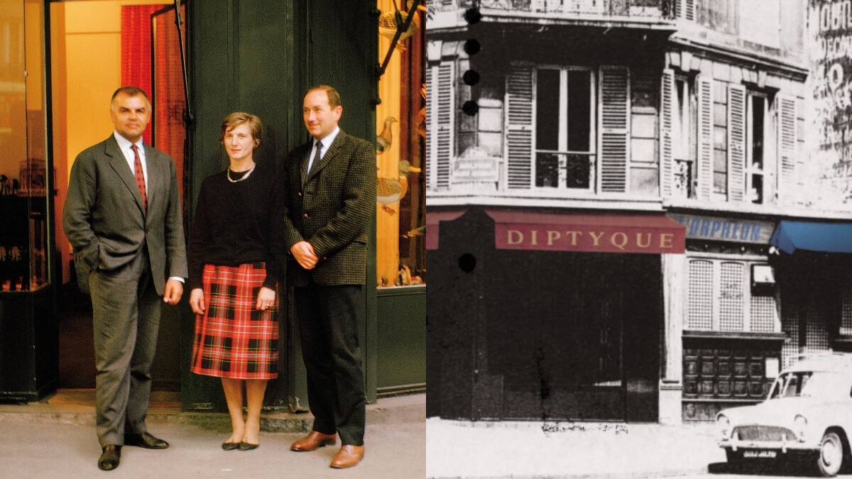 (左)diptyque三位創辦人站於diptyque巴黎總店前、(右) 以前diptyque旁邊的店面就是Orphéon。
