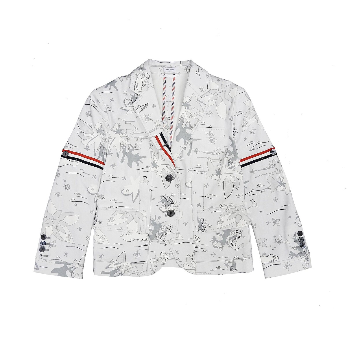 Thom Browne Resort 21 Women 淺灰色帆布扶桑花圖案數位印花鐵灰釦西裝外套，售價NT$80,100