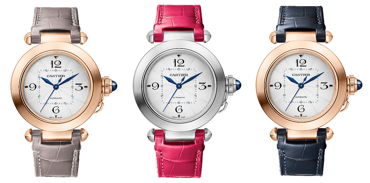 Pasha de cartier腕錶35毫米，18K玫瑰金/精鋼/黃K金，鱷魚皮錶帶，錶冠鑲嵌一顆凸圓形藍色合成尖晶石均配置「QuickSwitch」互換式系統。