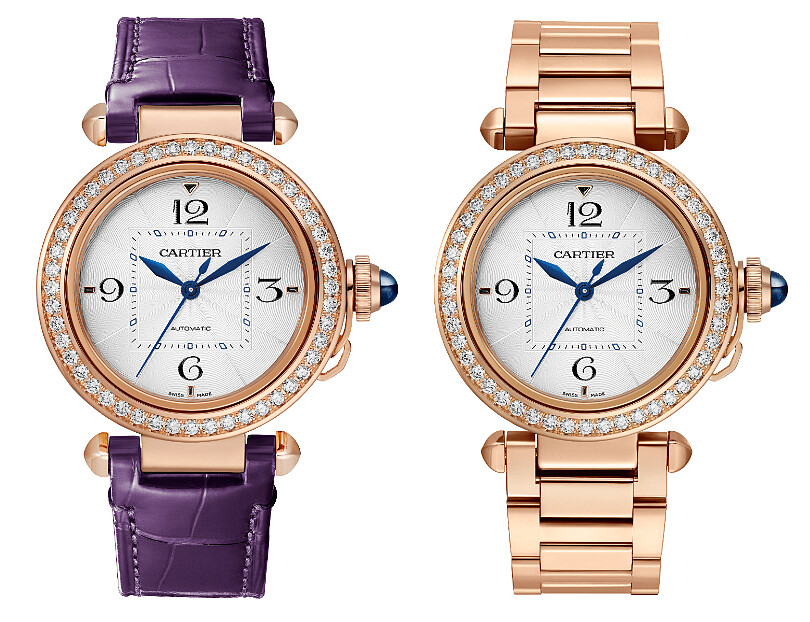 Pasha de cartier腕錶35毫米，18K玫瑰金，鱷魚皮錶帶；Pasha de cartier腕錶35毫米，18K玫瑰金，8K玫瑰金錶鍊SmartLink可調校式系統；錶冠鑲嵌一顆凸圓形藍寶石，錶圈鑲嵌48顆圓形明亮式切割鑽石，均配置「QuickSwitch」互換式系統。