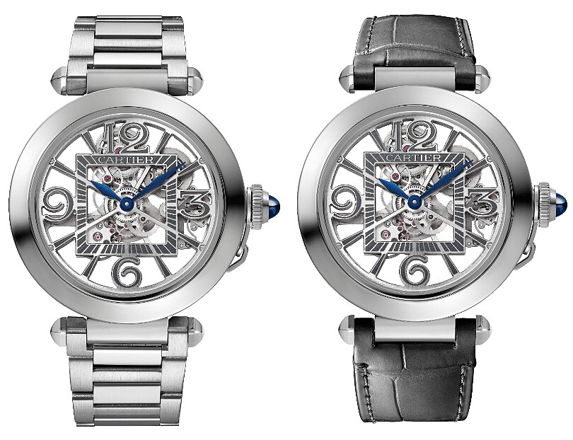  PASHA DE CARTIER腕錶41毫米，厚度：10.45毫米/精鋼/錶冠鑲嵌凸圓形藍寶石/灰色鱷魚皮錶帶和精鋼錶鍊。