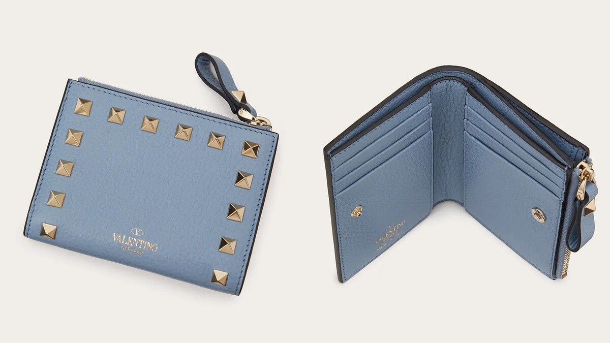 Valentino鉚釘粒面小牛皮錢包，NT15,200
