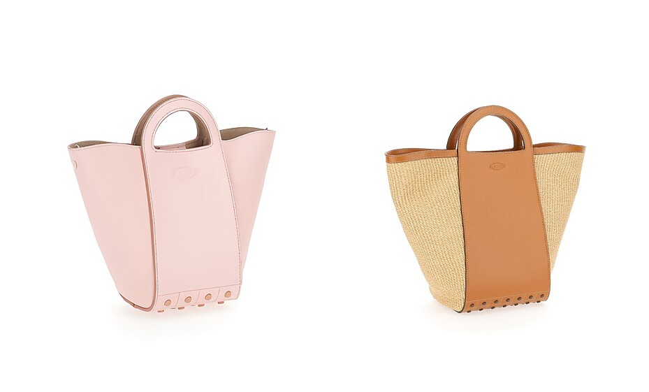 TOD&rsquo;S 粉紅色兩用豆豆水桶包，NT44,100、草編手皮兩用豆豆水桶包，NT47,100