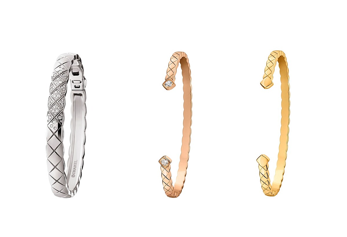 CHANEL COCO CRUSH高級珠寶系列手環：18K白金鑲鑽款、18K BEIGE米色金鑲鑽款、18K 黃金。