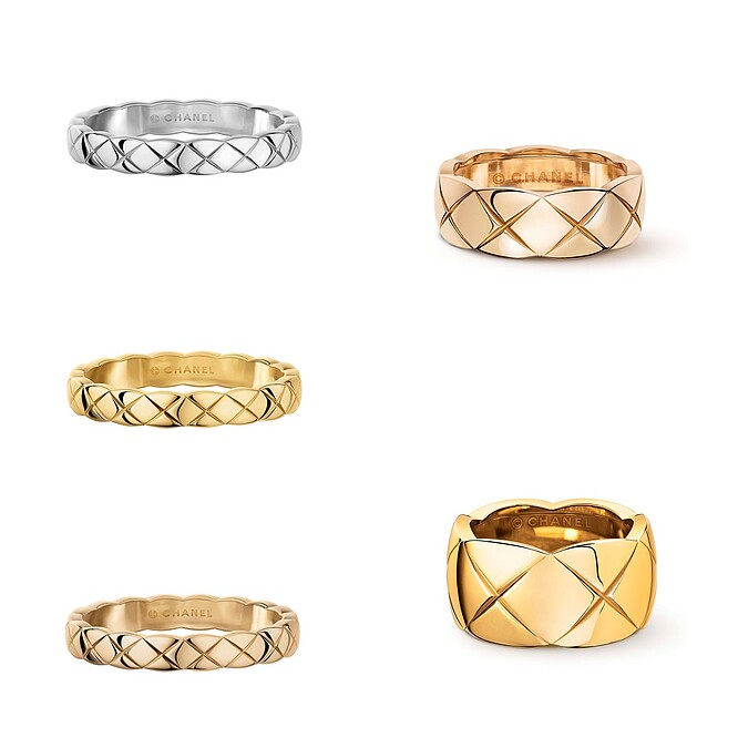 CHANEL COCO CRUSH高級珠寶系列：窄版戒指18K黃金(左上) / 18K白金(左中) /18K BEIGE 米色金(左下)；小型款戒指18K BEIGE 米色金(右上) /大型款戒指18K黃金(右下)