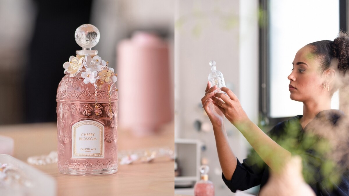 GUERLAIN嬌蘭花見春櫻淡香水縷金華冠蜂印瓶情境圖。