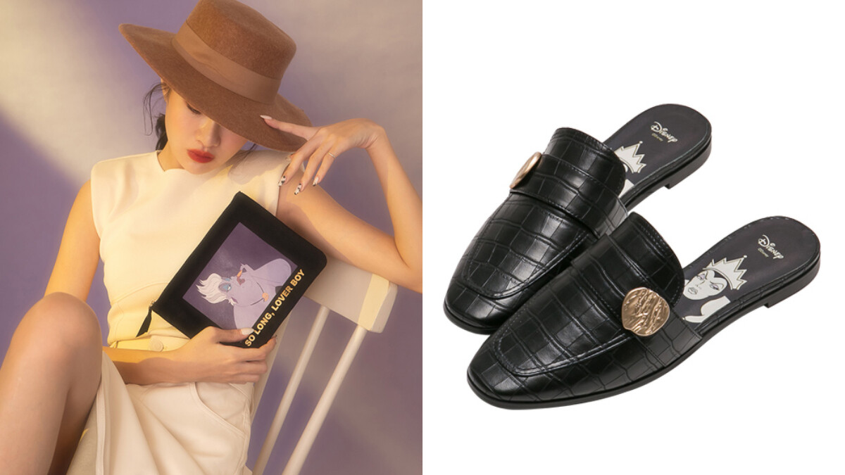 誠品生活南西|Grace Gift|迪士尼反派烏蘇拉帆布萬用包|推薦價299元;壞皇后平底穆勒鞋|推薦價1,780元。